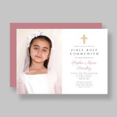 Invitation Élégante Croix rose fille première communion photo