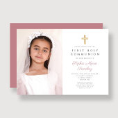 Invitation Élégante Croix rose fille première communion photo
