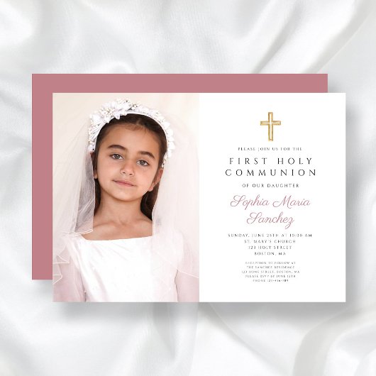 Invitation Élégante Croix rose fille première communion photo