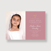 Invitation Élégante Croix rose fille première communion photo