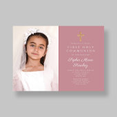 Invitation Élégante Croix rose fille première communion photo