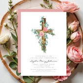 Invitation Elégante Croix rose florale fille première communi
