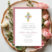 Invitation Elégante Croix rose Florale Première Communion Sai