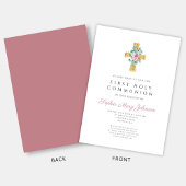 Invitation Elégante Croix rose Florale Première Communion Sai