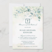 Invitation Elégante croix verdure Eucalyptus Baptême (Devant)