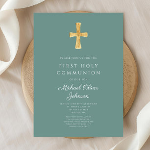 Invitation Elégante Croix Verte Garçon Première Communion Sai