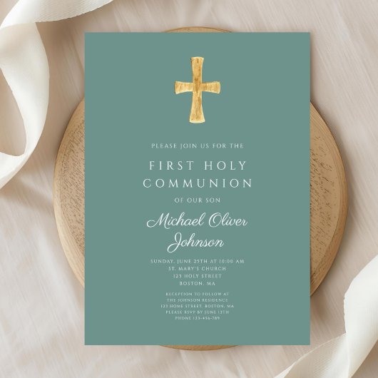 Invitation Elégante Croix Verte Garçon Première Communion Sai