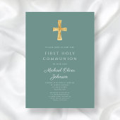 Invitation Elégante Croix Verte Garçon Première Communion Sai