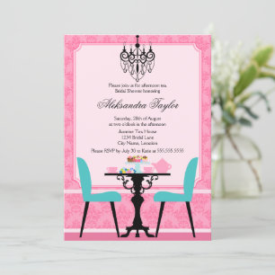 Invitation Elégante Damas et lustre Pink Aqua Tea Party