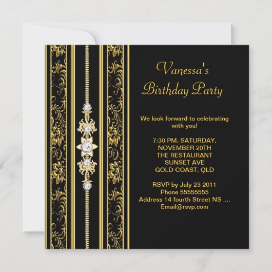 Invitation Elégante Damask Anniversaire Party Gold Black (Devant)
