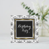 Invitation Elégante Damask Anniversaire Party Gold Black Whit (Debout devant)