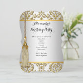 Invitation Elégante Damask Gold Silver White Anniversaire Par (Debout devant)