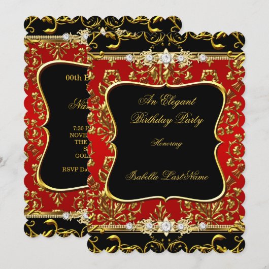 Invitation Elégante Damask Rouge Black Gold fête d'anniversai (Devant / Derrière)