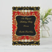 Invitation Elégante Damask Rouge Black Gold fête d'anniversai (Debout devant)
