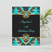 Invitation Elégante Damask Turquoise Blue Gold Black Annivers (Debout devant)