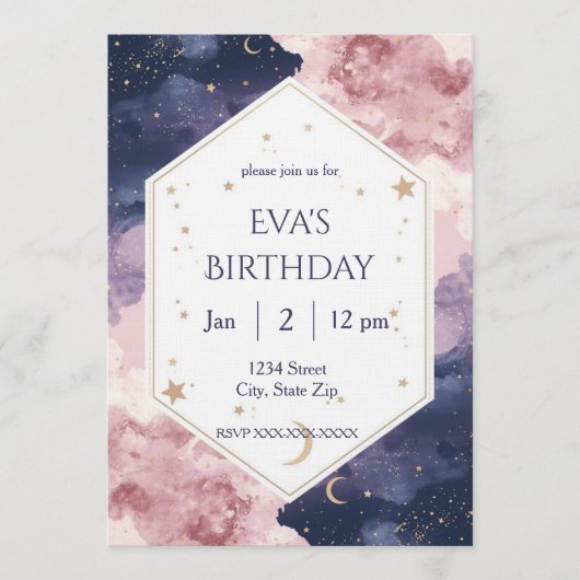 Invitation élégante d'anniversaire céleste – Aquar (Devant)
