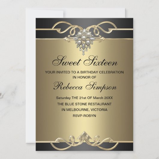 Invitation élégante de 16 ans avec perle dorée pou (Devant)