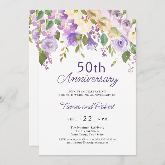 Invitation élégante de 50 ans de mariage violet (Devant / Derrière)