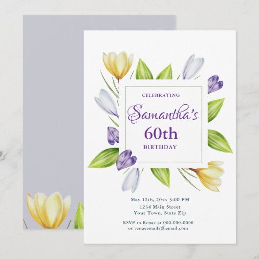 Invitation élégante de 60e anniversaire à motif fl (Devant / Derrière)