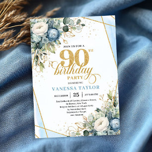 Invitation élégante de 90 ans avec fleurs bleues p