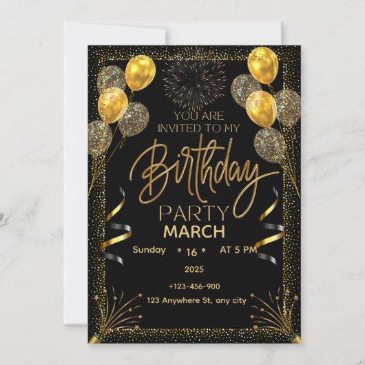 Invitation élégante de anniversaire noir et or  (Devant)