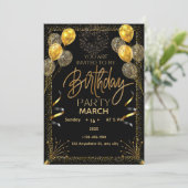 Invitation élégante de anniversaire noir et or  (Debout devant)