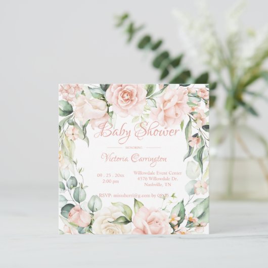 Invitation élégante de Baby shower Floral rose (Debout devant)