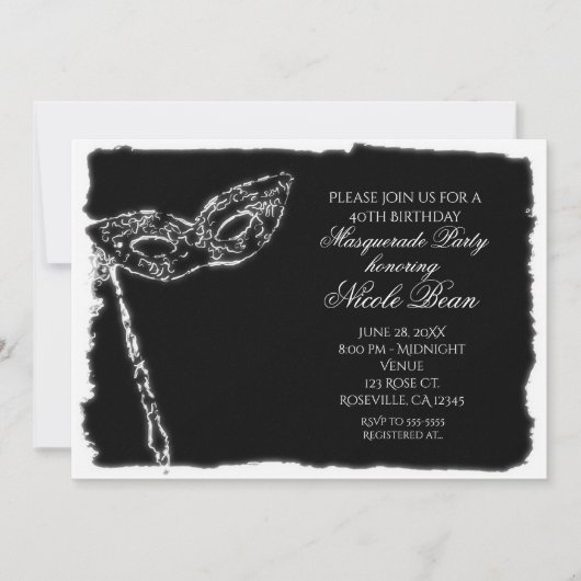 Invitation élégante de bal masqué noir et blanc (Devant)