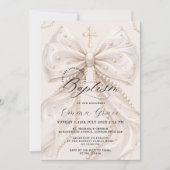 Invitation élégante de baptême au ruban perlé Coqu (Devant)