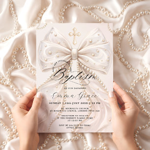 Invitation élégante de baptême au ruban perlé Coqu