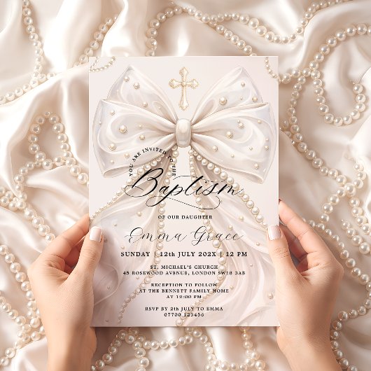 Invitation élégante de baptême au ruban perlé Coqu