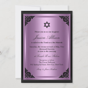 Invitation élégante de Bat mitzvah violet et noir