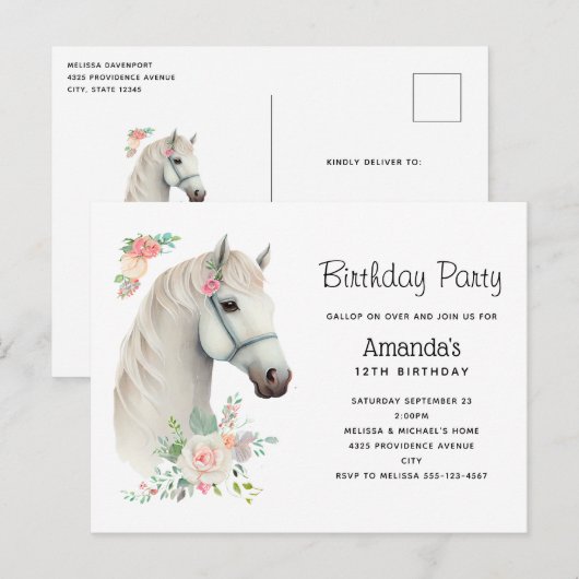 Invitation élégante de cheval blanc boho floral po (Devant / Derrière)