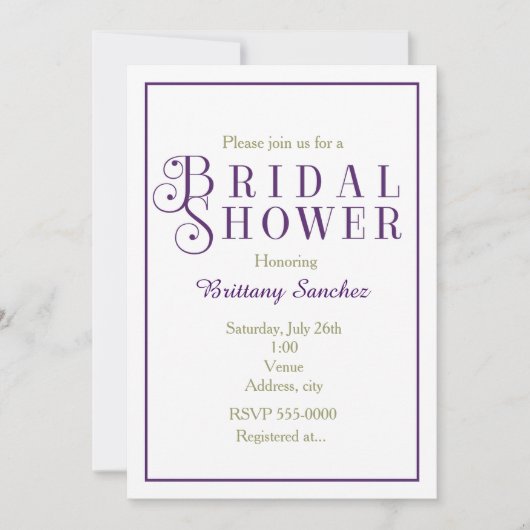 Invitation élégante de douche de mariée violet roy (Devant)