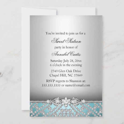 Invitation élégante de fête de 16 ans avec diamant (Dos)