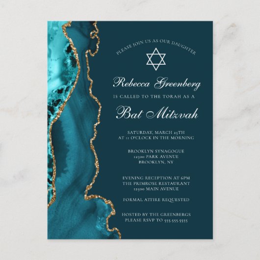 Invitation élégante de fête de Bat Mitzvah turquoi (Devant)