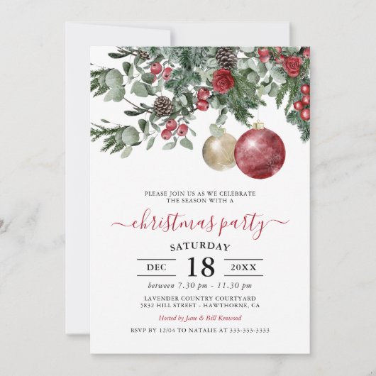 Invitation élégante de fête de Noël à thème floral (Devant)