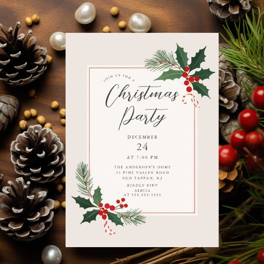 Invitation élégante de fête de Noël au houx
