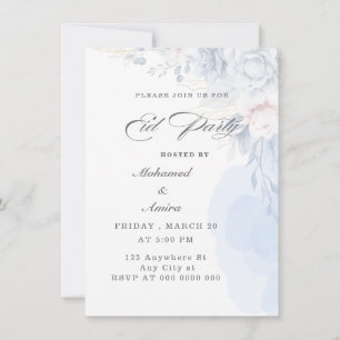 Invitation élégante de fête d'Eid à fleurs bleues