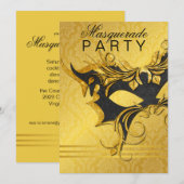 Invitation élégante de fête masquée noir et or (Devant / Derrière)