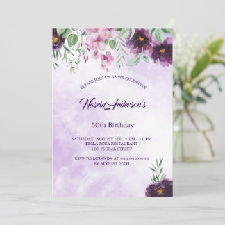 Invitation élégante de fleurs violettes pour un an
