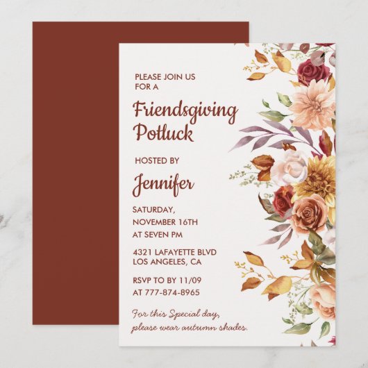 Invitation élégante de Friendsgiving Potluck aux f (Devant / Derrière)