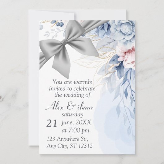 Invitation élégante de mariage bleu gris (Devant)