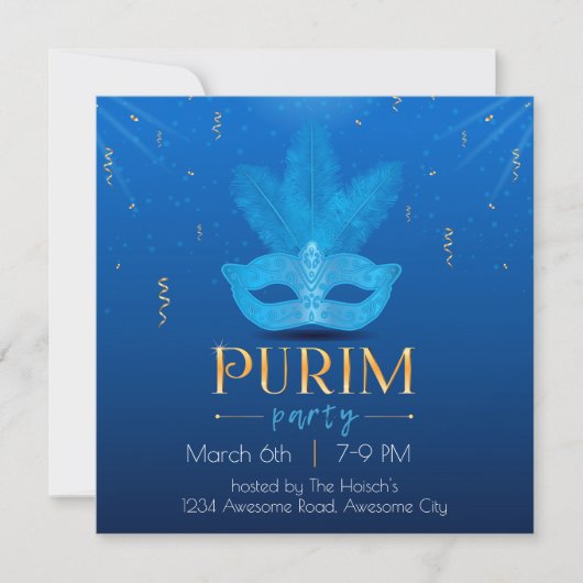 Invitation élégante de Purim au masque bleu (Devant)