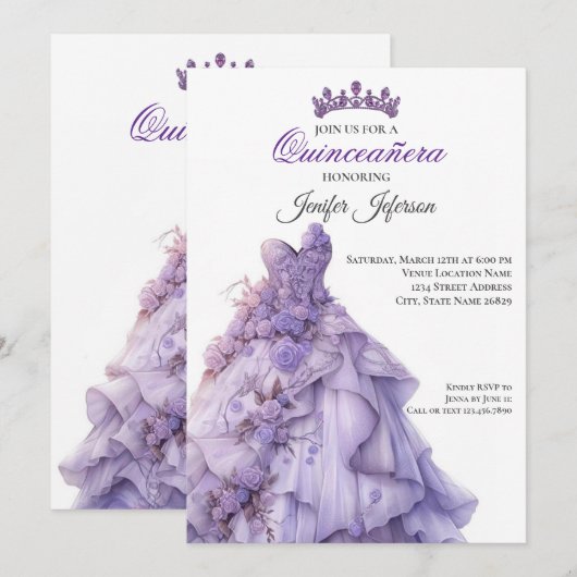 Invitation élégante de Quinceanera (Devant / Derrière)