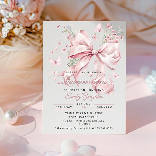 Invitation élégante de Quinceañera avec nœud rose