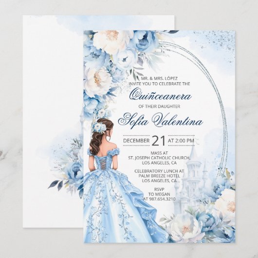 Invitation élégante de Quinceañera bleu bébé (Devant / Derrière)