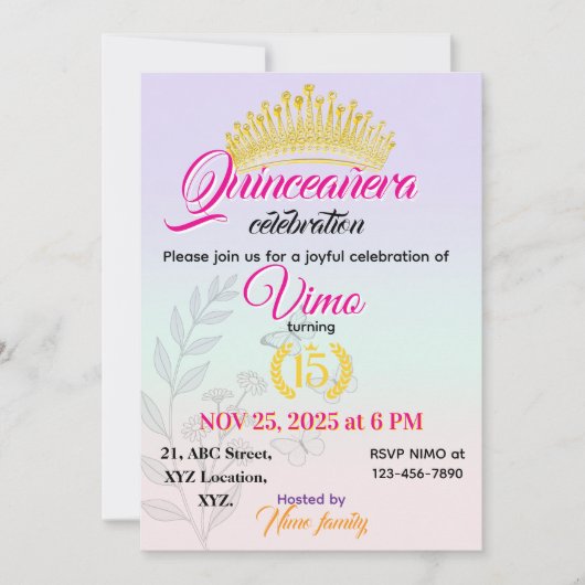 Invitation élégante de quinceañera botanique paste (Devant)