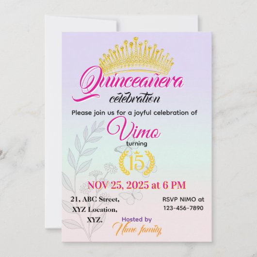 Invitation élégante de quinceañera botanique paste (Devant)