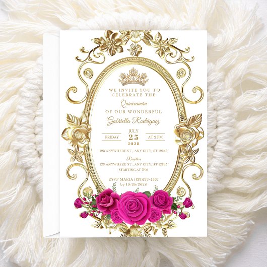 Invitation Élégante de Quinceañera Fleurie Or Rose
